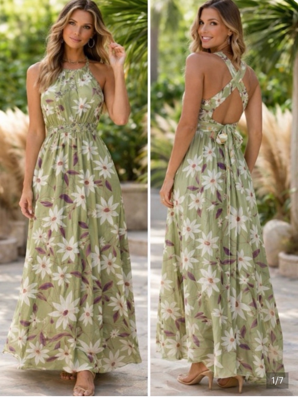 Jaase Sage Green Floral Maxi Dress Boho Halter Flowy Summer Wedding